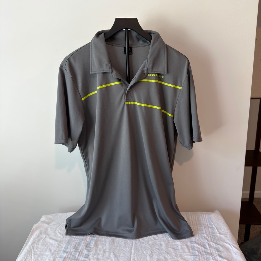 Oakley Mens Gray Short Sleeve Polo Shirt Neon Yellow Stripes Logo Large L
